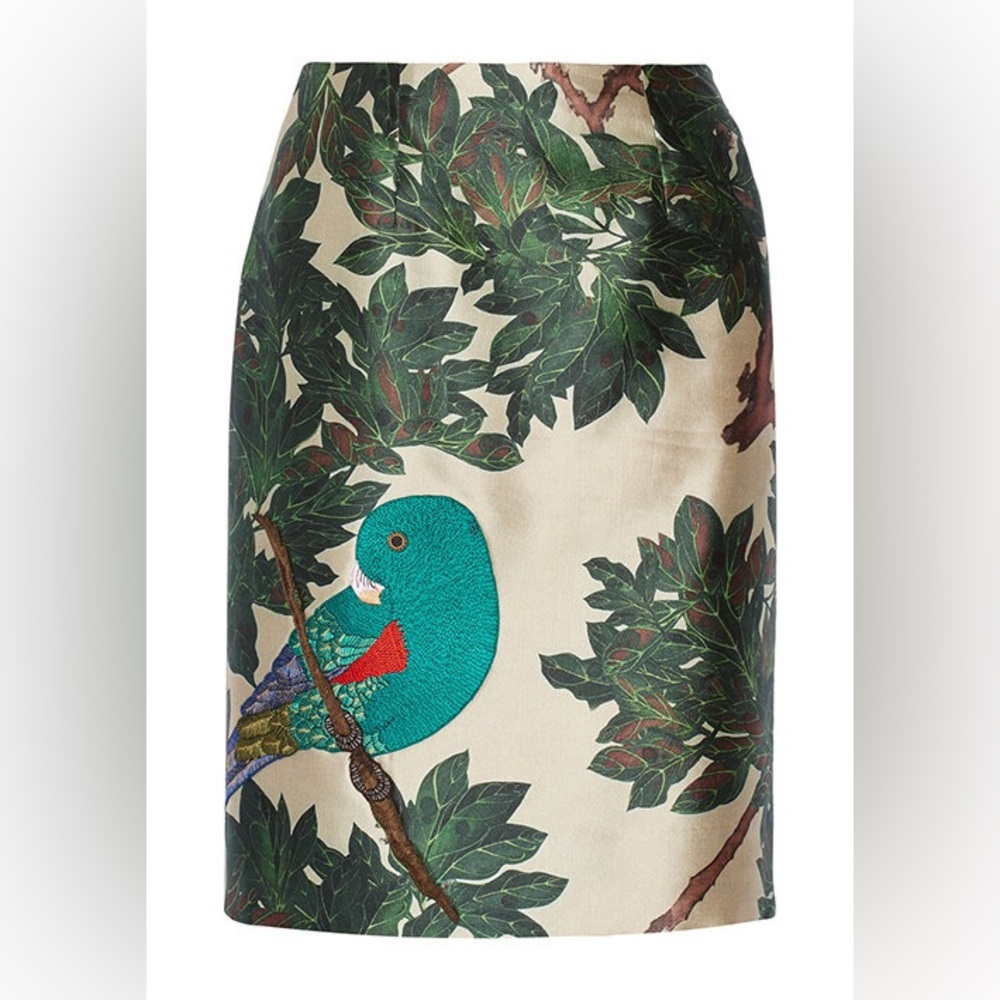Oscar de la Renta Green Leaf and Bird Midi Silk Skirt